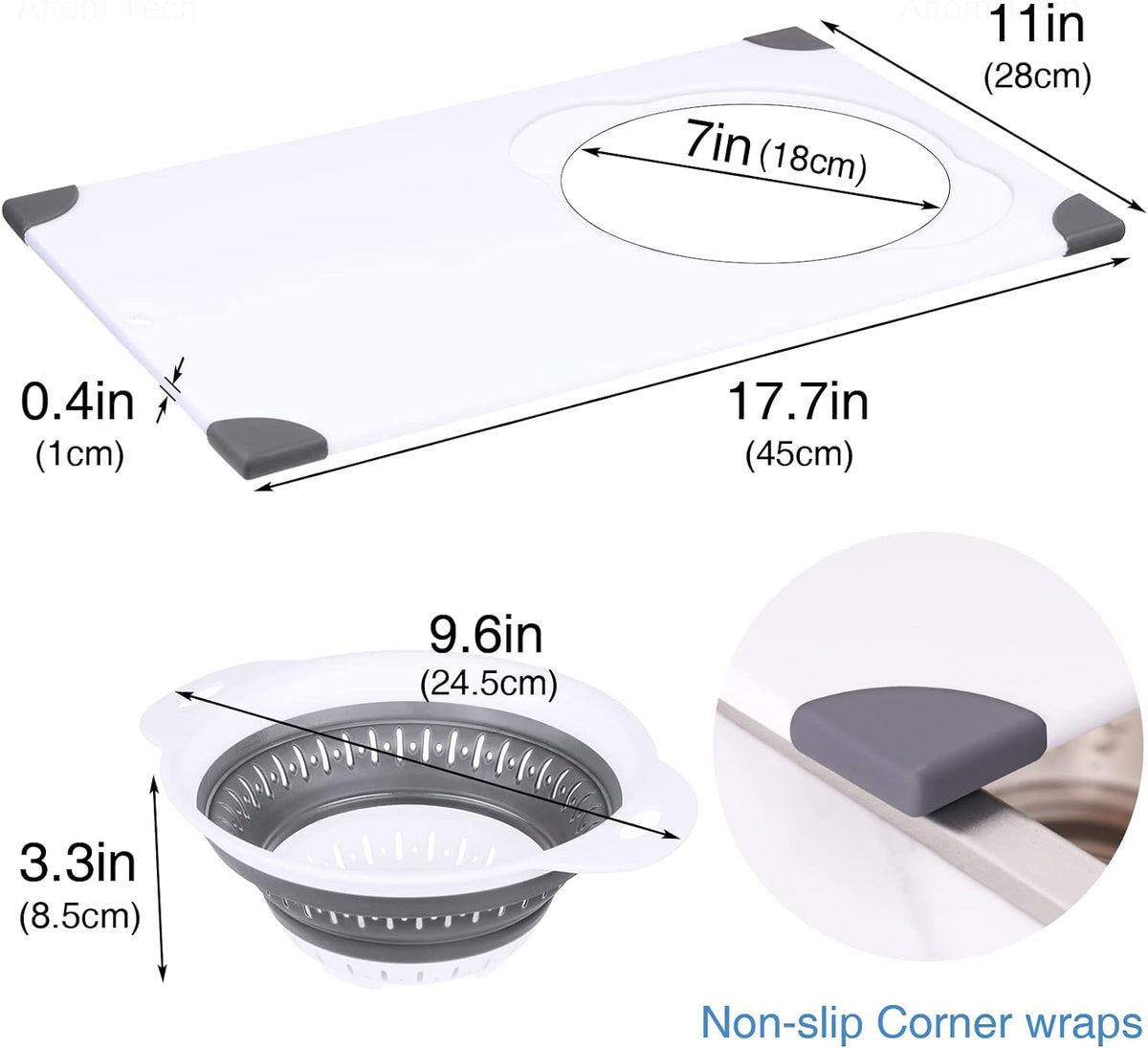 NiHome Over Sink Cutting Board with Collapsible Colander,Non-Slip 11x17.7in