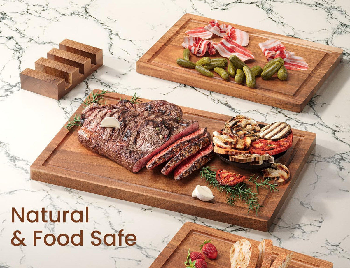 Set of 3 Acacia Wood Cutting Board Set with Stand Holder