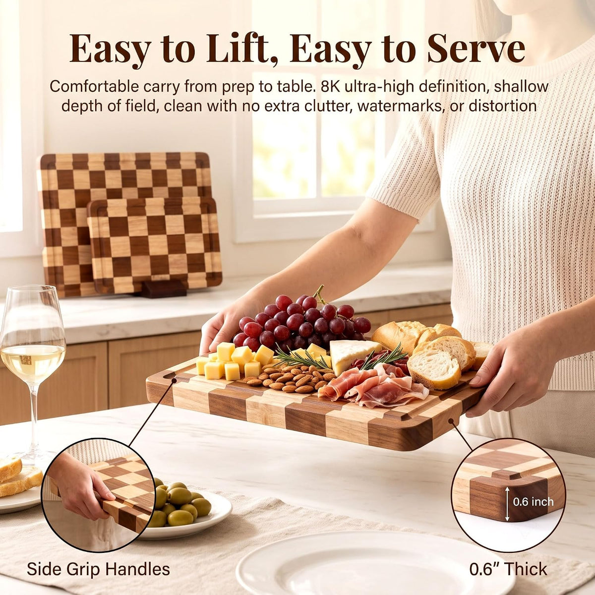 Checkered Oak Wood Cutting Board Set of 3, Cutting Boards for Kitchen