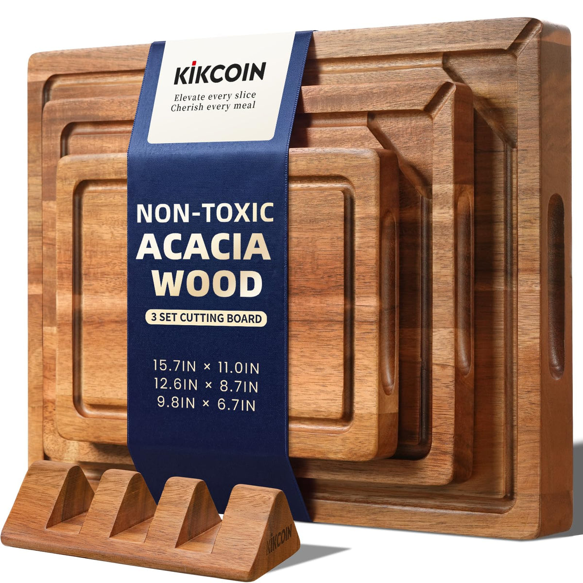 Kikcoin Food Safe Acacia Wood Cutting Board Set, Reversible Tray