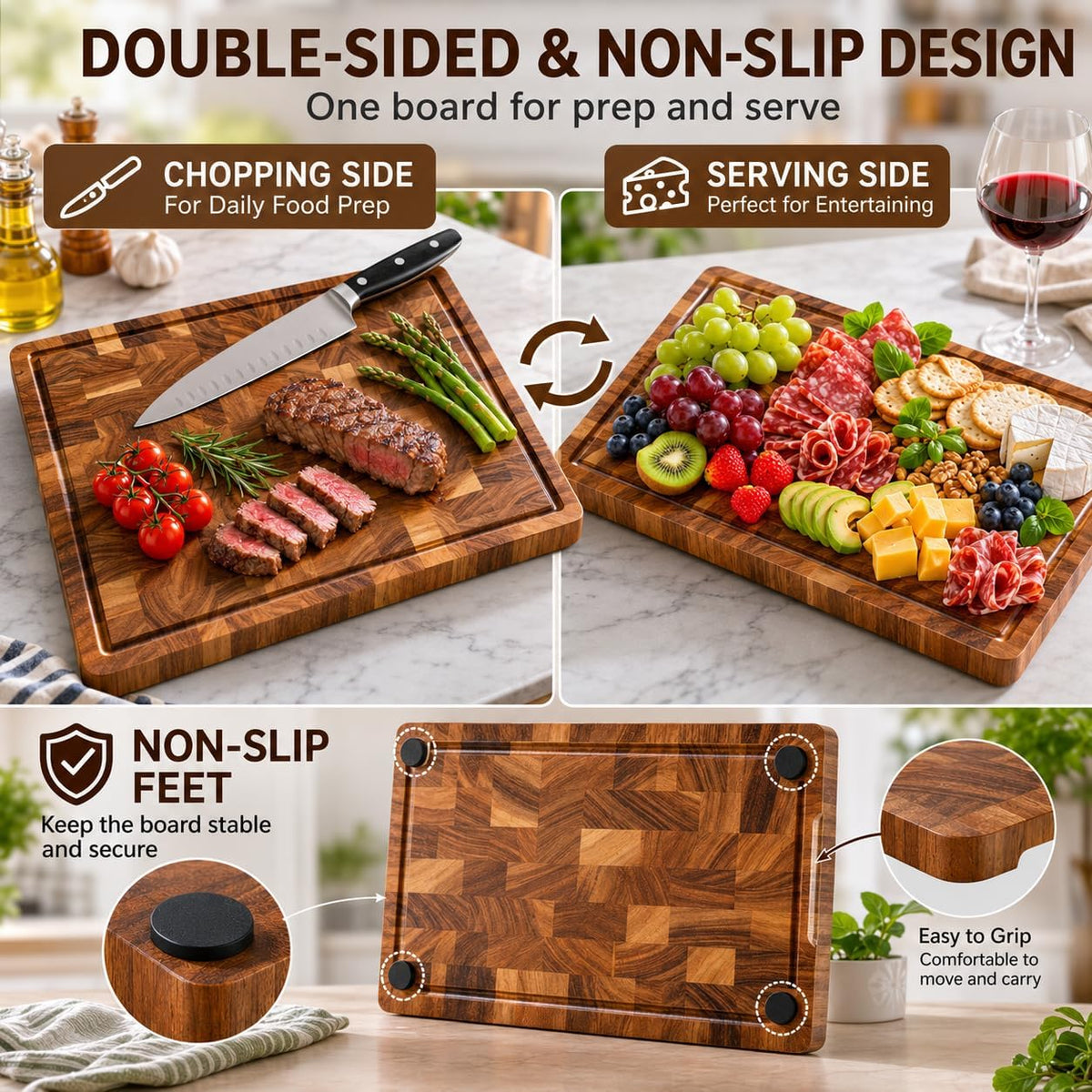 End Grain Walnut Cutting Board for Kitchen with Juice Groove, Non-Slip Feet