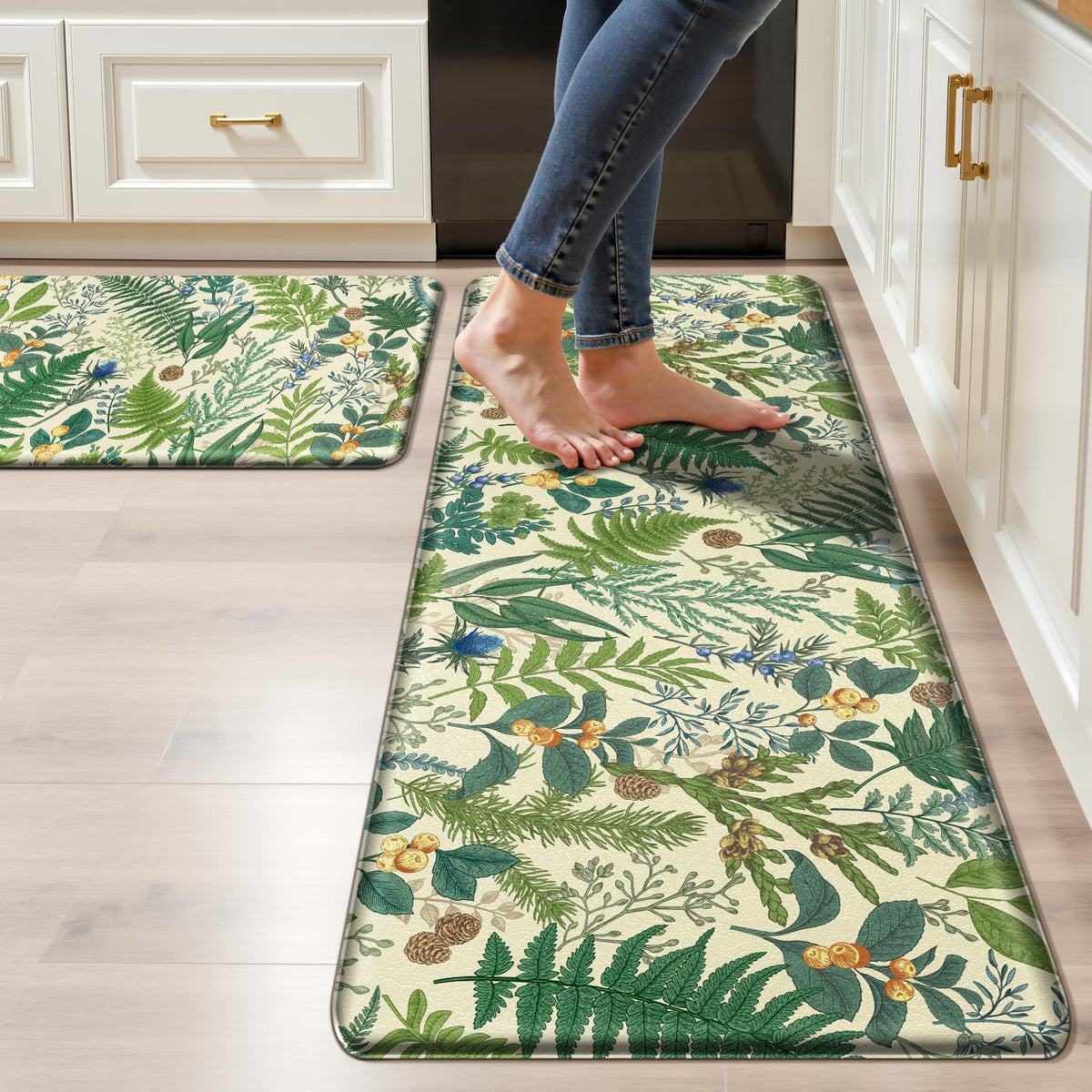 2PCS Botanical Kitchen Rugs Set, Black Green 17.3"x28" + 17.3"x47"