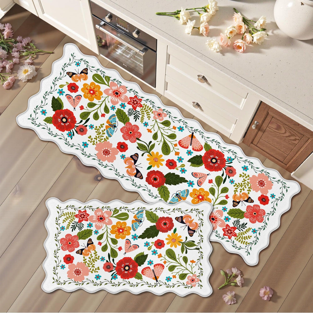 Arenarug Upgrade Scalloped Kitchen Mats for Floor 2PCS, Black Kitchen Rugs