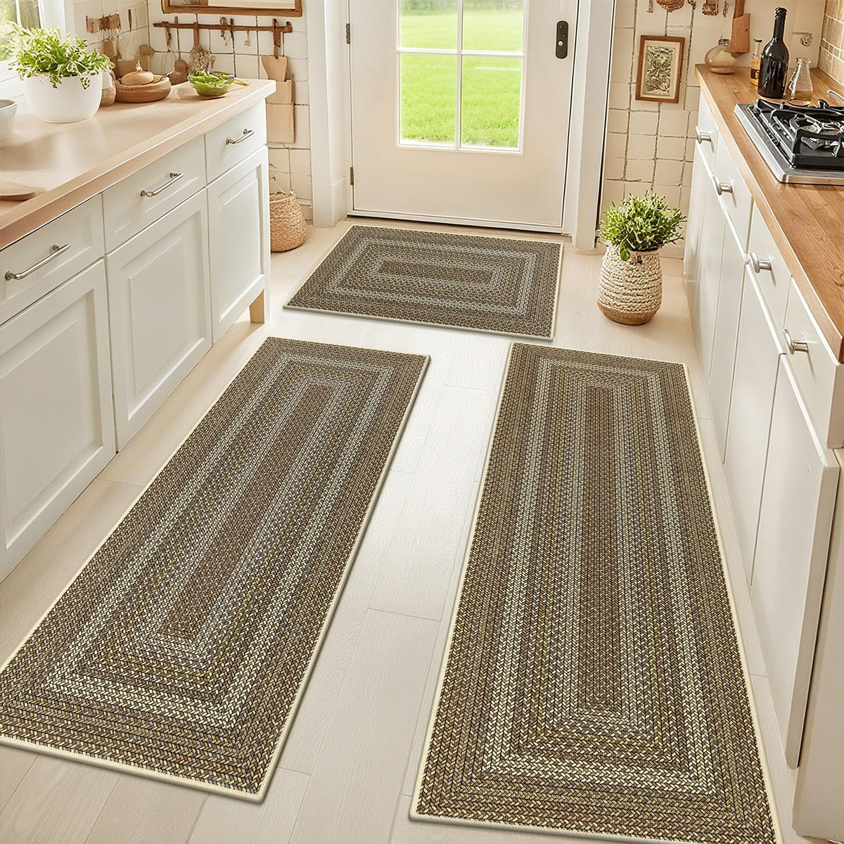 HEBE Faux Jute Kitchen Rugs Set of 3, Washable Kitchen Mats for Floor