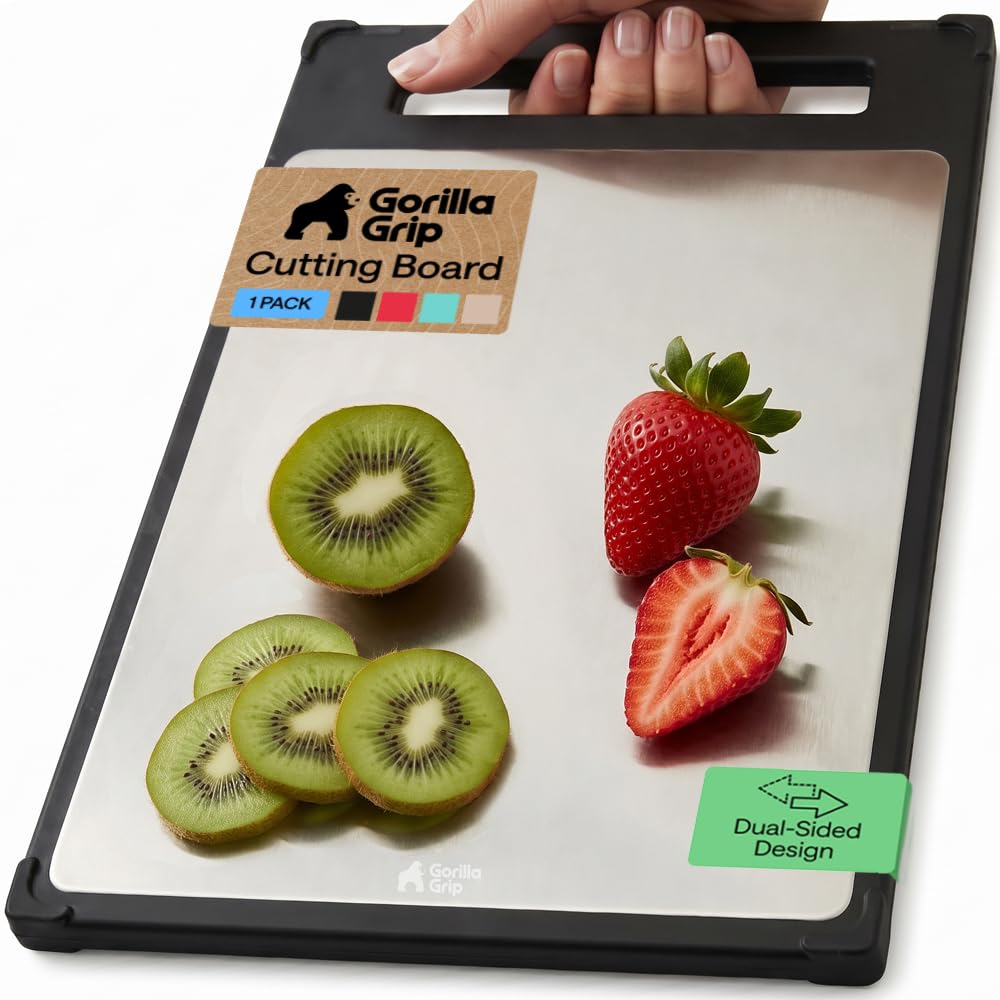 GORILLA GRIP 304 Stainless Steel and Plastic Cutting Board, 12x8, Black