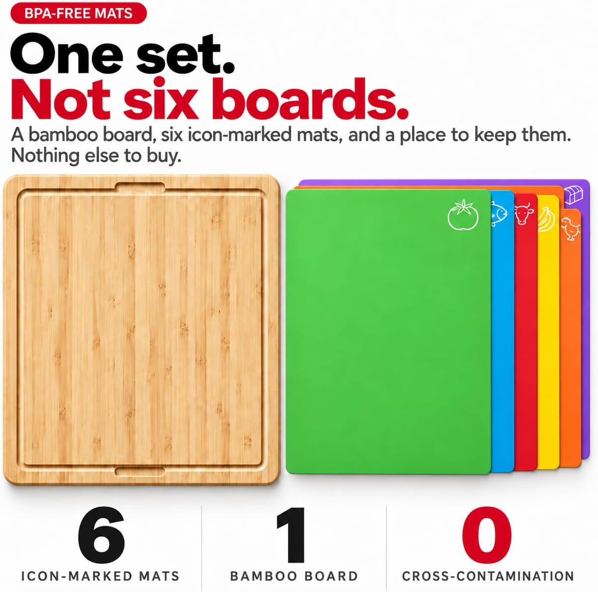Bamboo Cutting Board Set with 6 Mats, Wood Cutting Boards for Kitchen