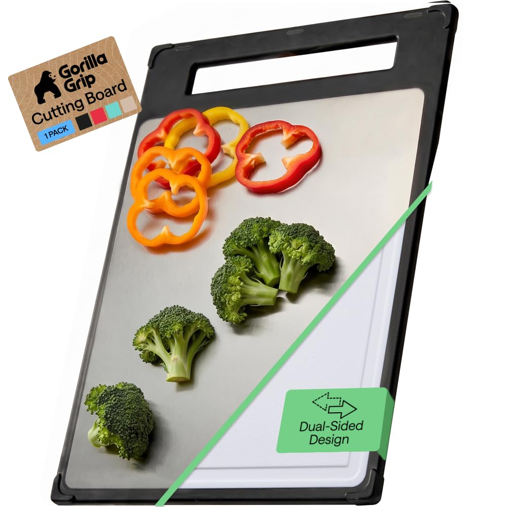 GORILLA GRIP 304 Stainless Steel and Plastic Cutting Board, 12x8, Black