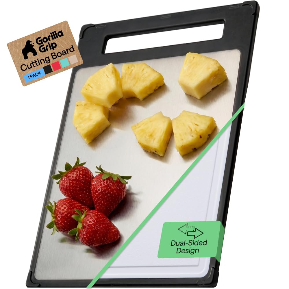 GORILLA GRIP 304 Stainless Steel and Plastic Cutting Board, 12x8, Black