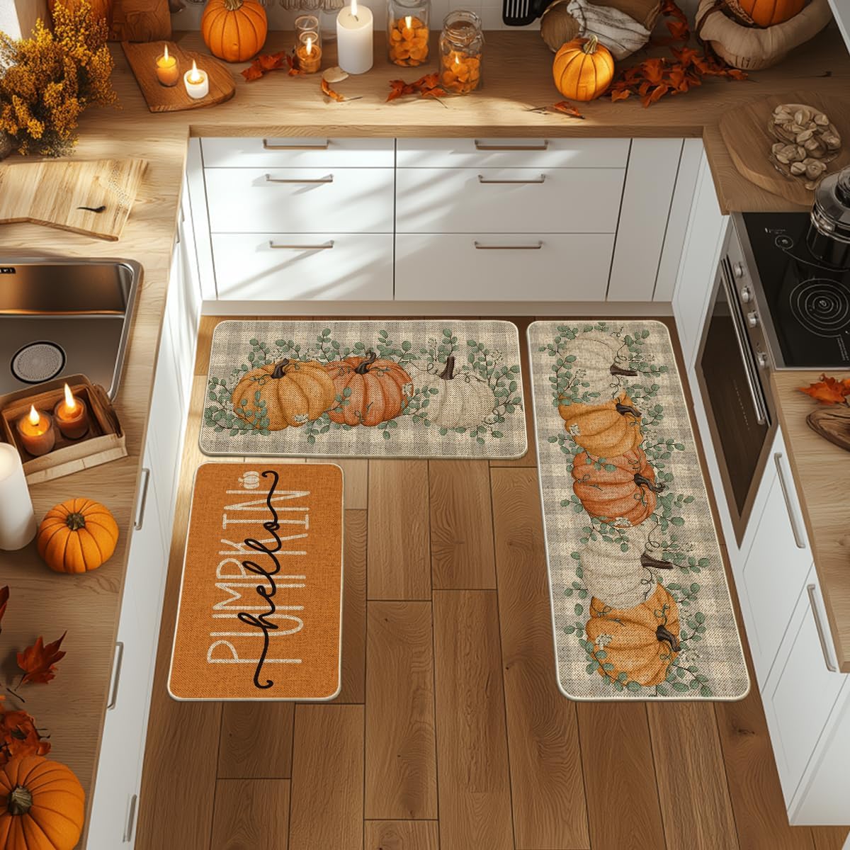 Artoid Mode Orange Hello Pumpkin Fall Kitchen Mats Set of 2-17x29+17x47