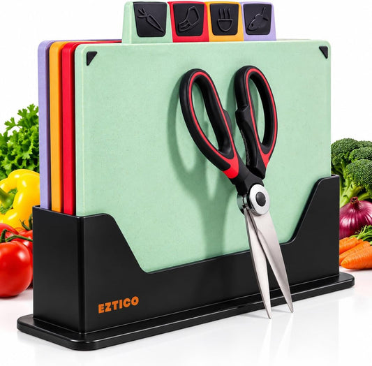 4-Piece Non-Toxic Cutting Board Set 12"L x 9"W with Premium Scissors – BPA-Free Plastic and Rubber Chopping Boards for Kitchen Essentials with Organizer, Dishwasher Safe Accessories Holder.