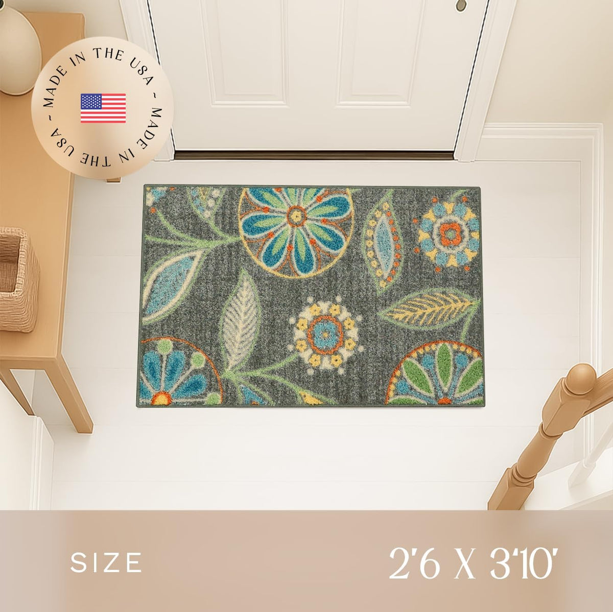 Maples Rugs Reggie Bohemian Floral Print Kitchen Rug, 2'6 x 3'10, Dark Grey