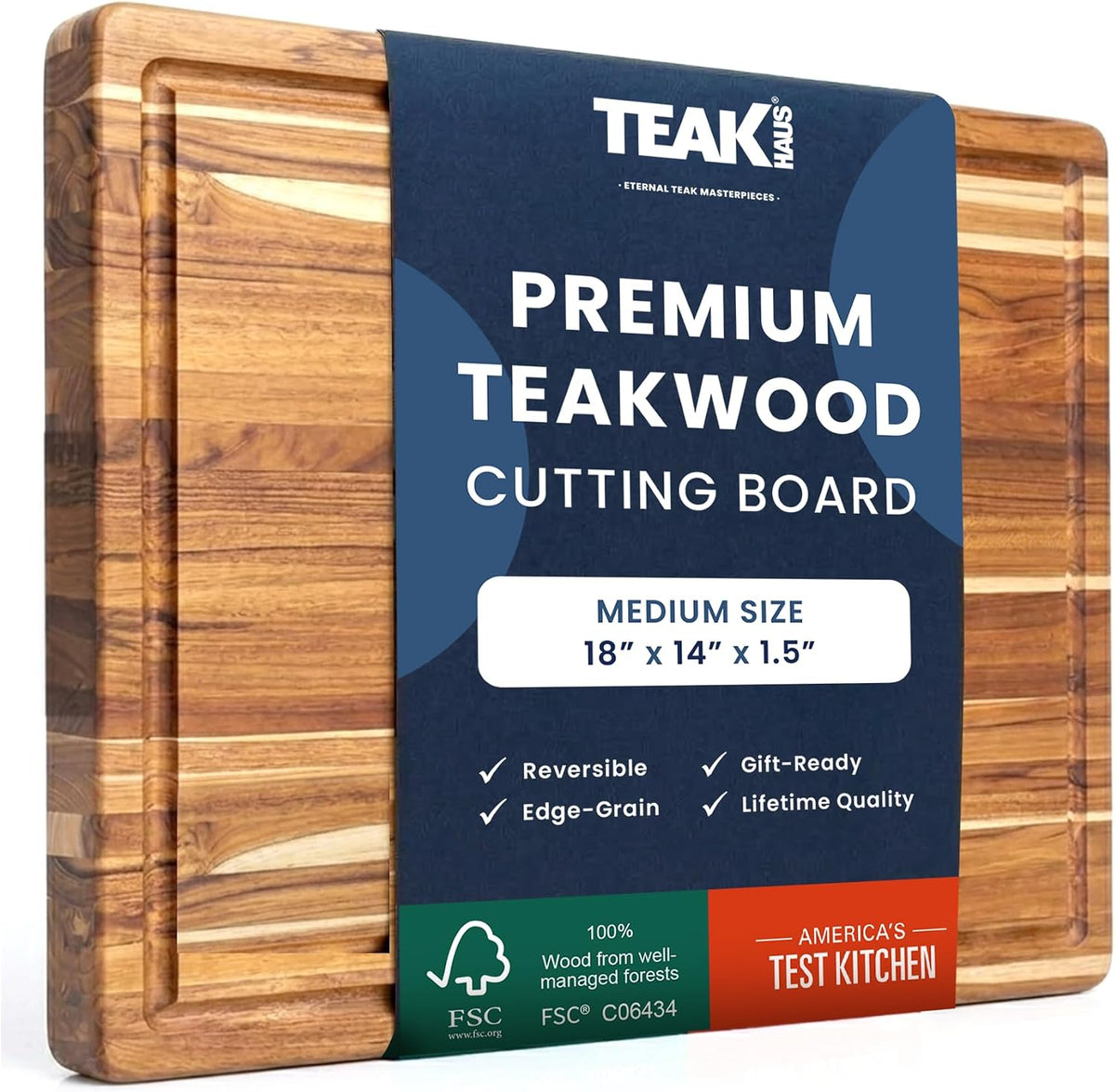 Teakhaus Edge-Grain Teak Wood Cutting Board with Juice Groove, Medium