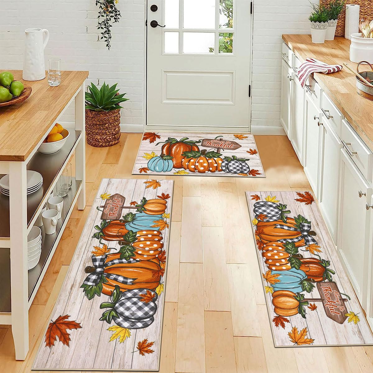 U'Artlines Fall Pumpkin Kitchen Rugs with Runner Sets 3 Piece,Washable