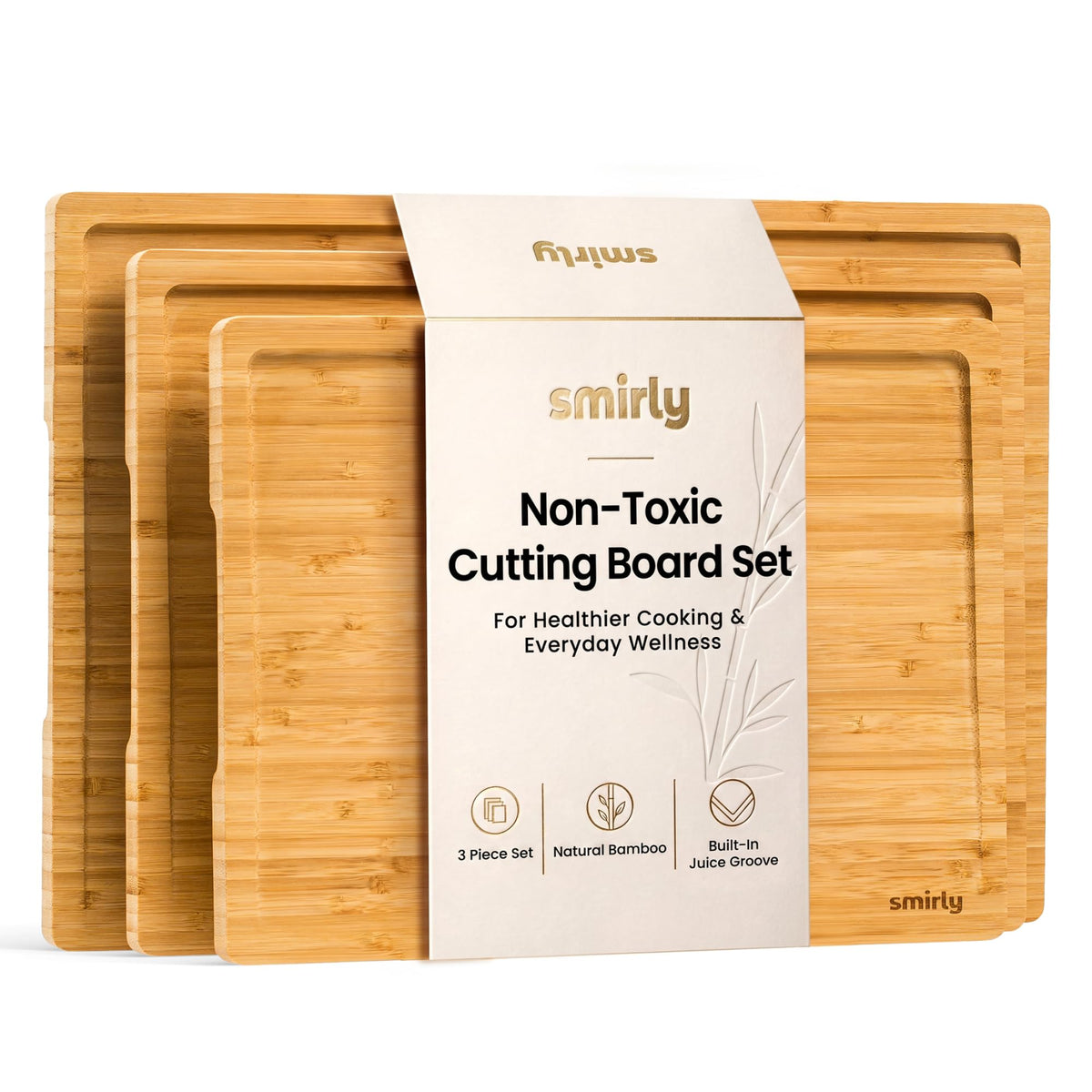 SMIRLY Cutting Boards for Kitchen, 3 Piece Bamboo Cutting Board with Stand