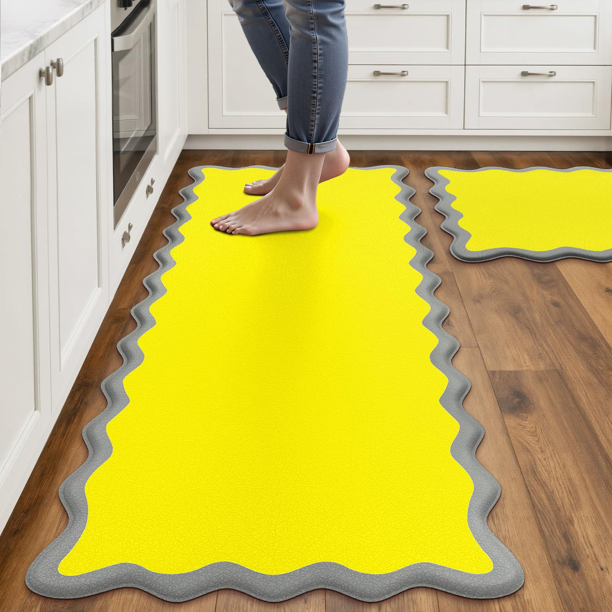 Arenarug Upgrade Scalloped Kitchen Mats for Floor 2PCS, Black Kitchen Rugs