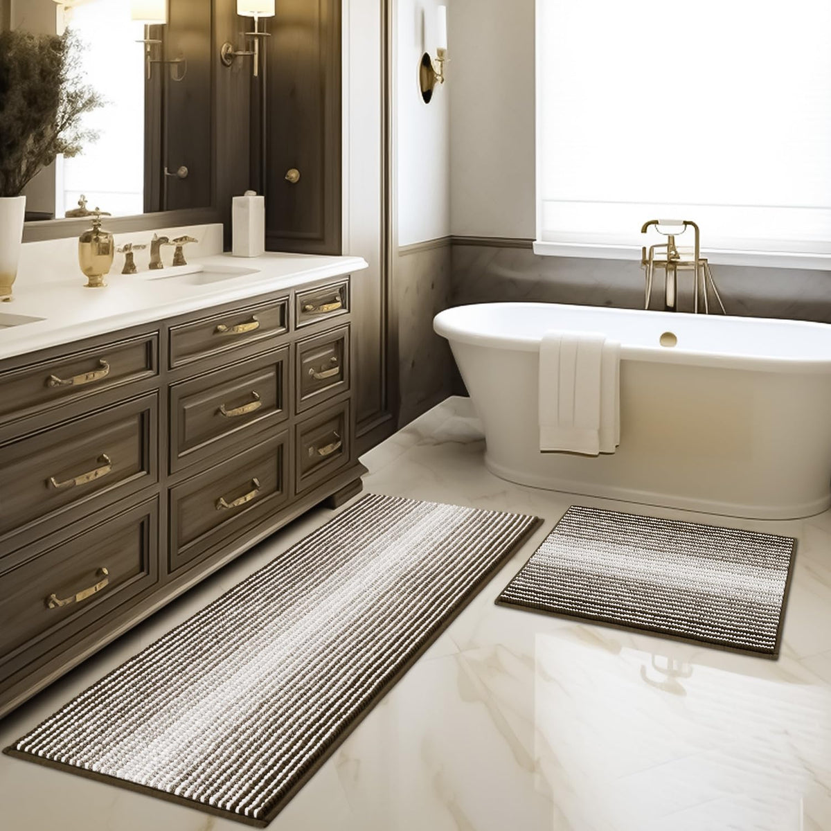 BSICPRO Bathroom Rugs Sets 2 Piece, Non Slip Boho Bath Mats, Beige