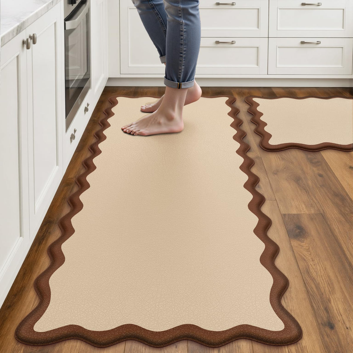 Arenarug Upgrade Scalloped Kitchen Mats for Floor 2PCS, Black Kitchen Rugs