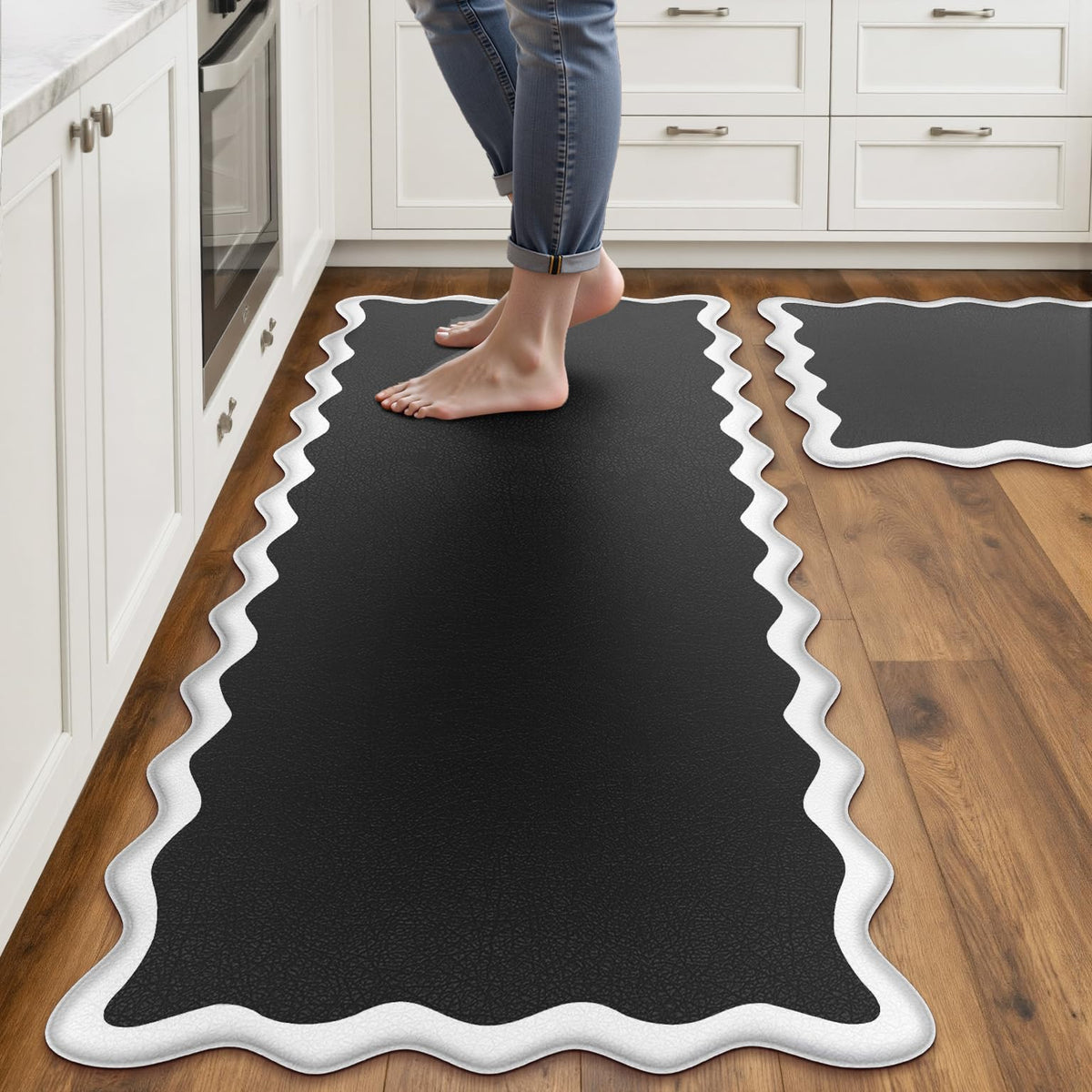 Arenarug Upgrade Scalloped Kitchen Mats for Floor 2PCS, Black Kitchen Rugs