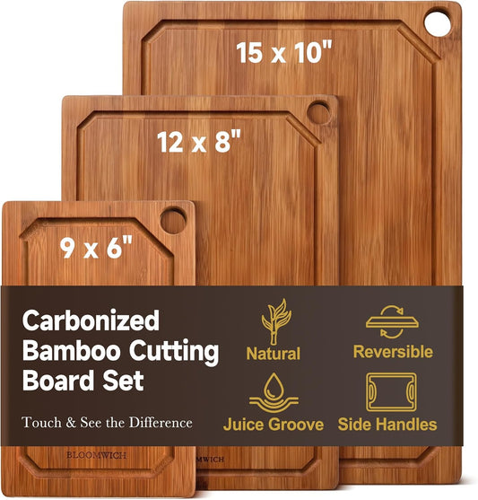 Carbonized Bamboo Cutting Boards for Kitchen Set of 3 Knife-Friendly
