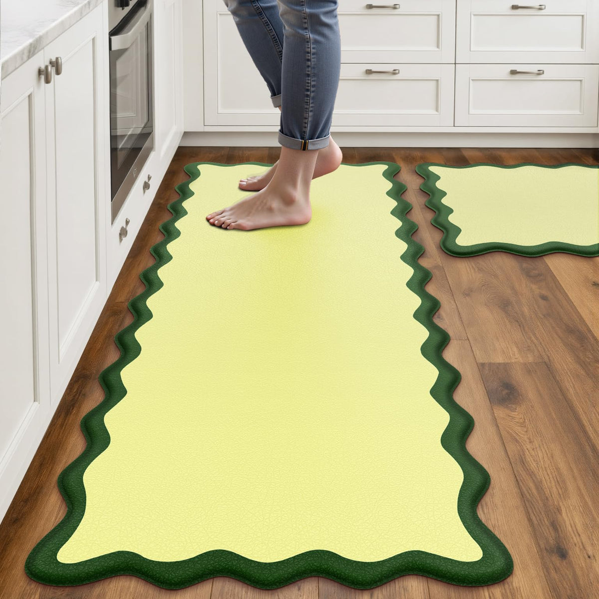 Arenarug Upgrade Scalloped Kitchen Mats for Floor 2PCS, Black Kitchen Rugs