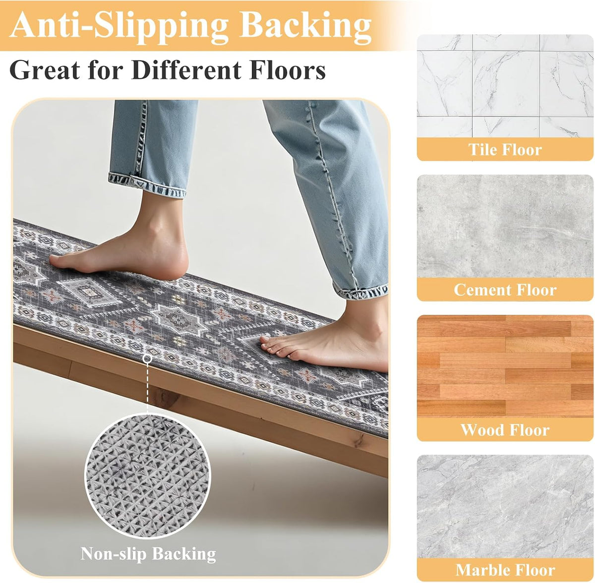 HEBE Boho Kitchen Rugs Set of 3, Non Slip Washable Kitchen Mats for Floor