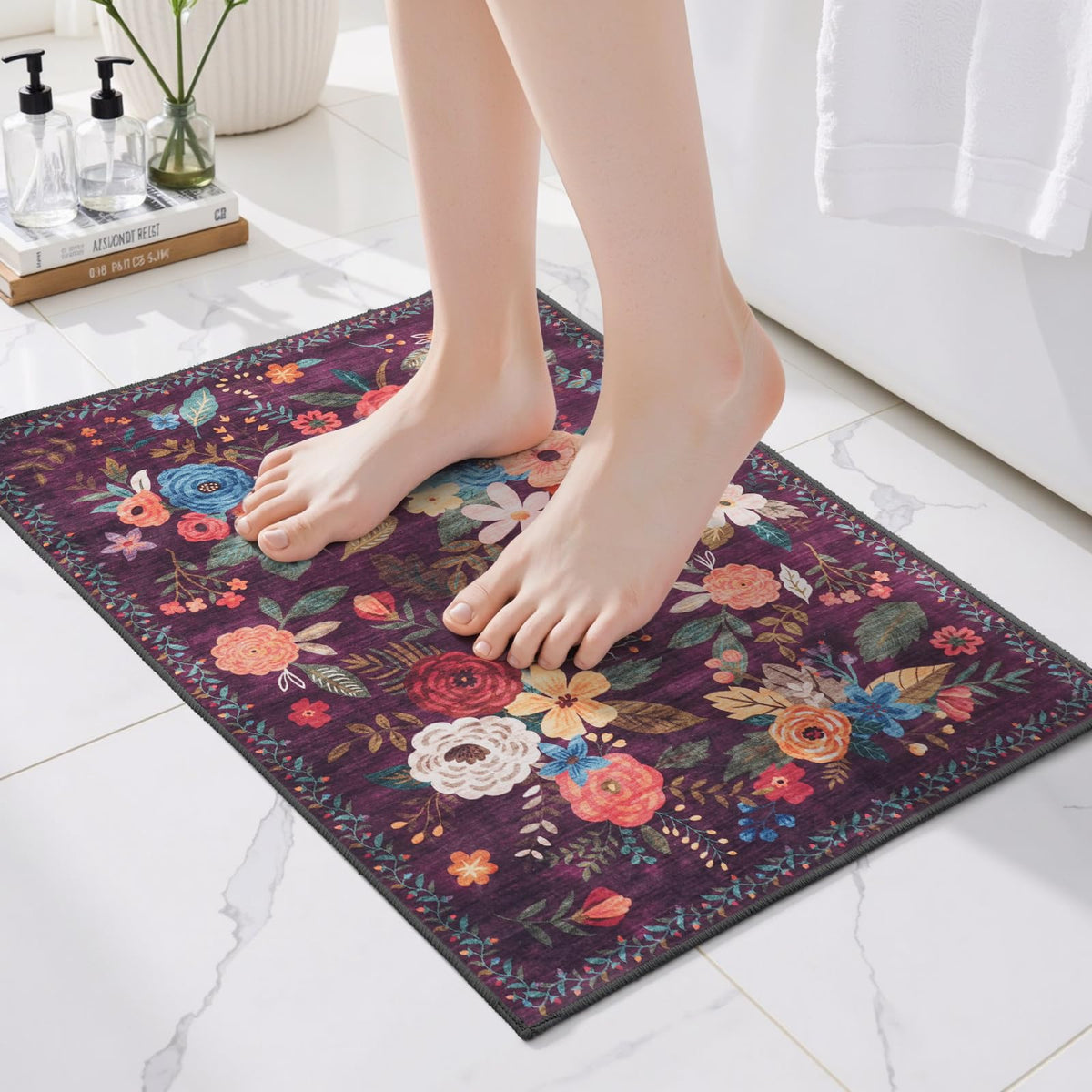 Washable Runner Rug 2x6 Beige Floral, Non Slip for Hallway, Kitchen