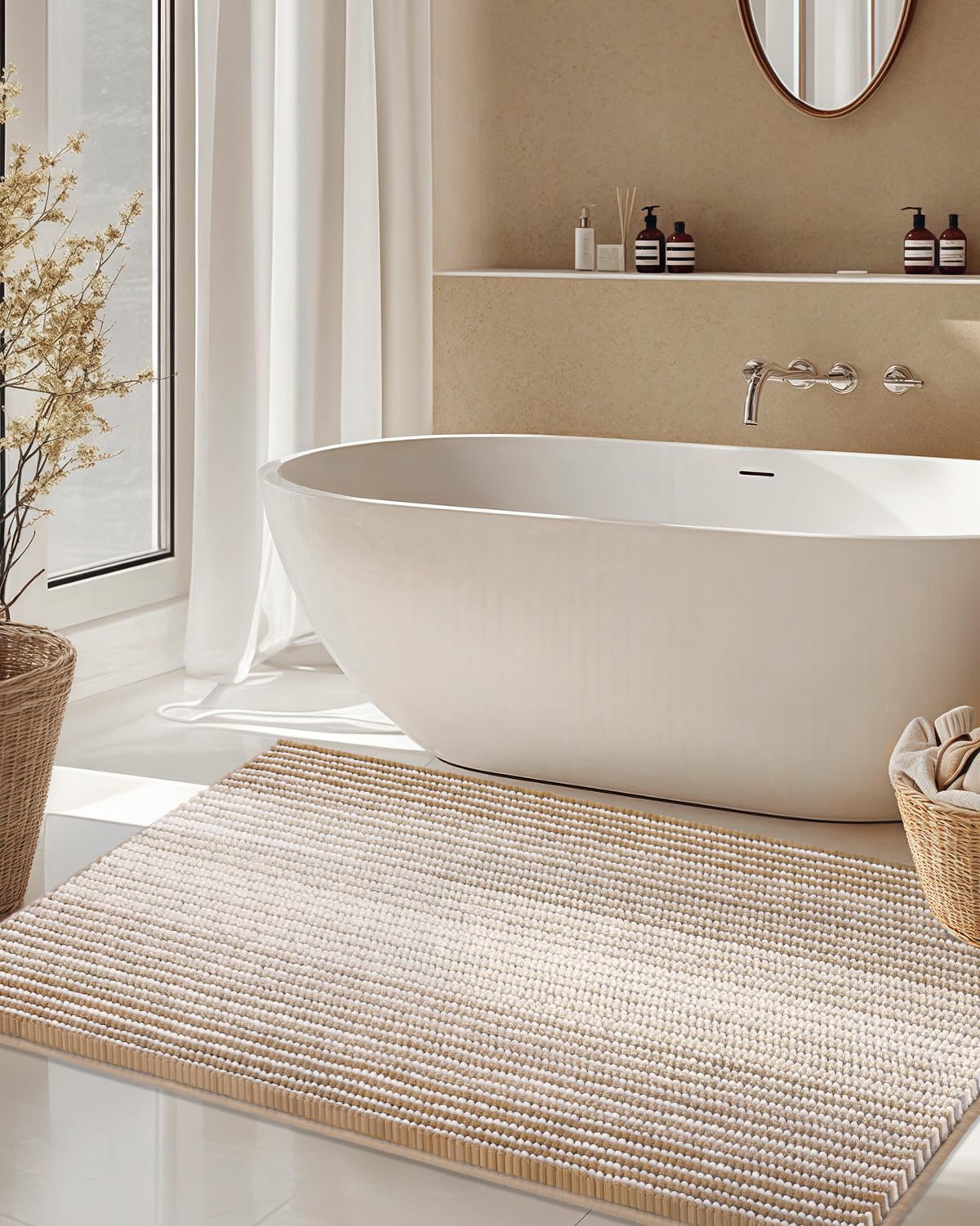 BSICPRO Bathroom Rugs Sets 2 Piece, Non Slip Boho Bath Mats, Beige