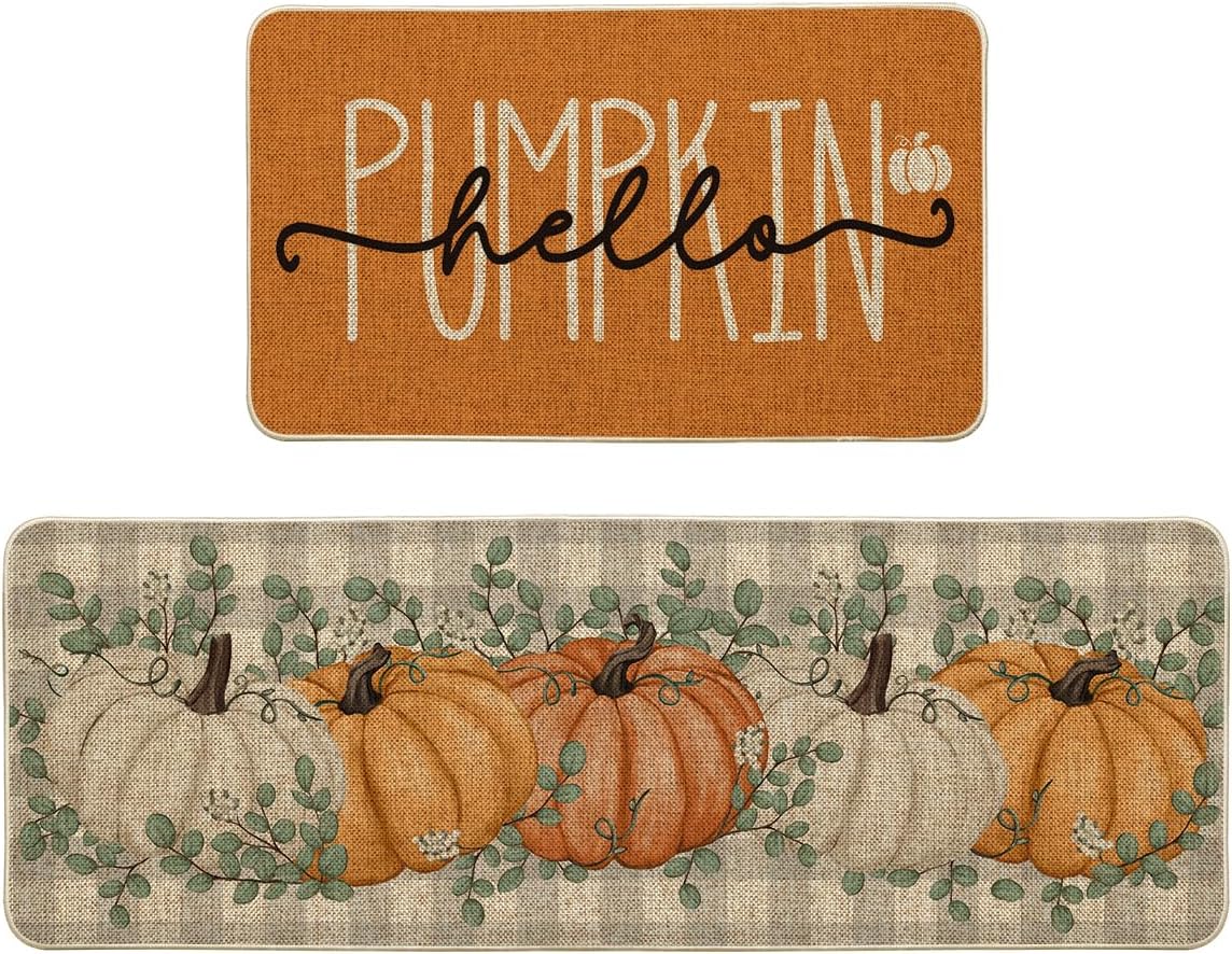 Artoid Mode Orange Hello Pumpkin Fall Kitchen Mats Set of 2-17x29+17x47