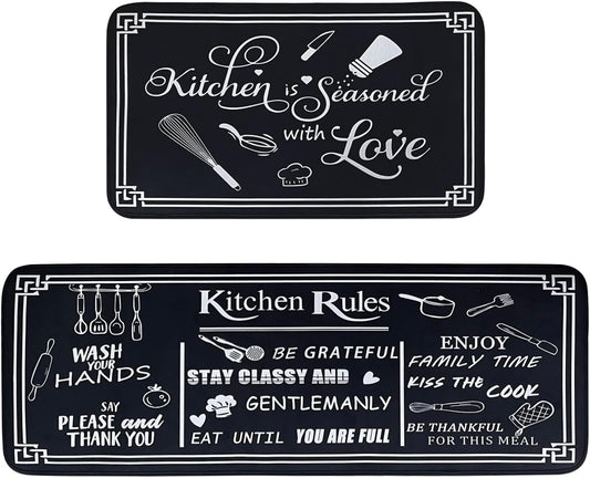 Voanos Black and White Kitchen Rugs,Non Skid Washable Microfiber mats for Kitchen Floor,Kitchen Rules Theme Cushioned Runner Rug Decor Sets of 2,Size 17"x 47"+17"x 30"