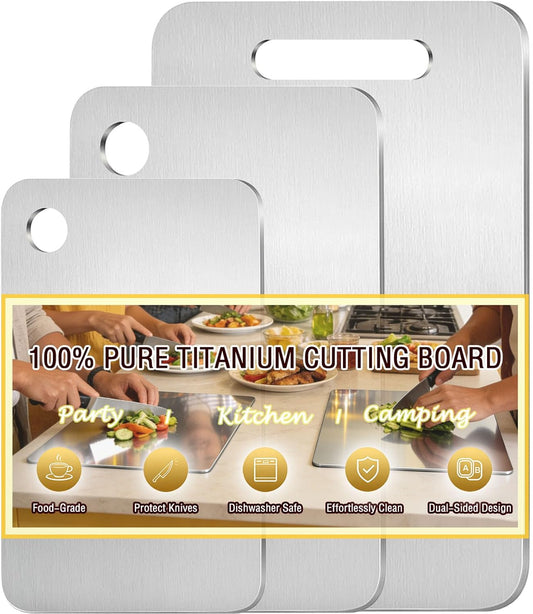 100% Pure Titanium Cutting Board Set of 3, Double Sided Titanium Cutting Boards for Kitchen Dishwasher Safe, Food-Grade Small & Large Titanium Metal Chopping Board for Meat and Stainless Steel (S+M+L)