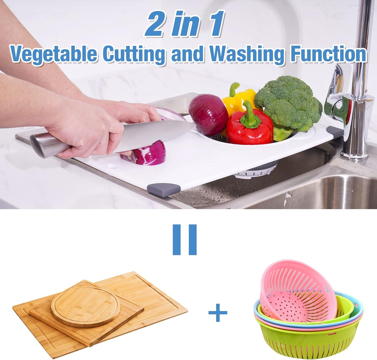 NiHome Over Sink Cutting Board with Collapsible Colander,Non-Slip 11x17.7in