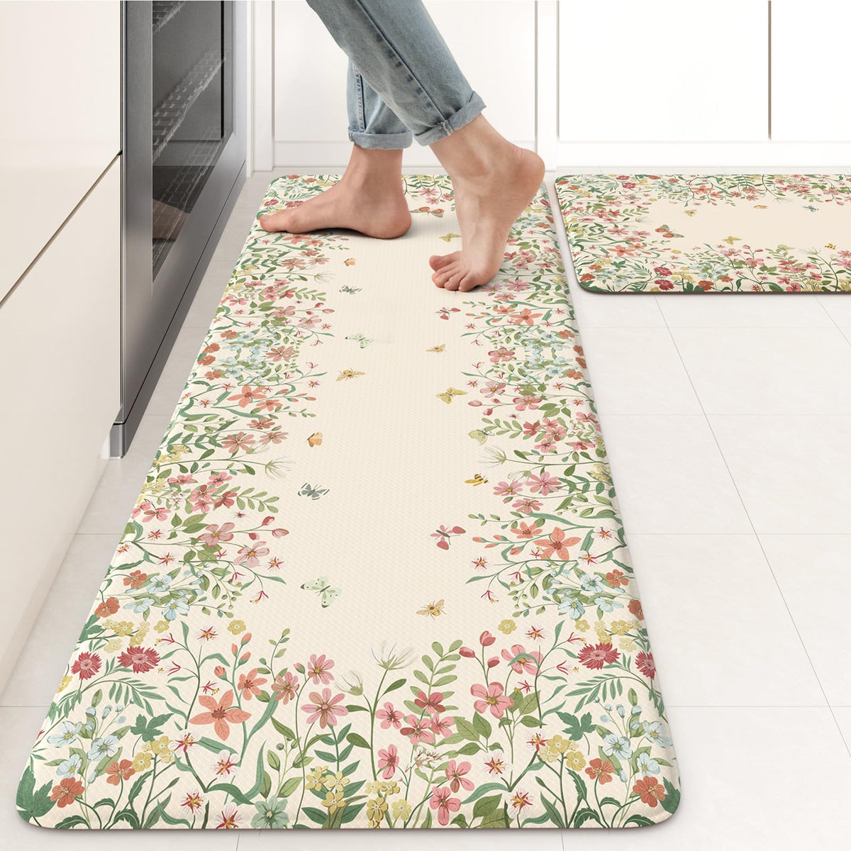 KIMODE Anti Fatigue Kitchen Mats for Floor, Boho Floral Kitchen Rugs Sets