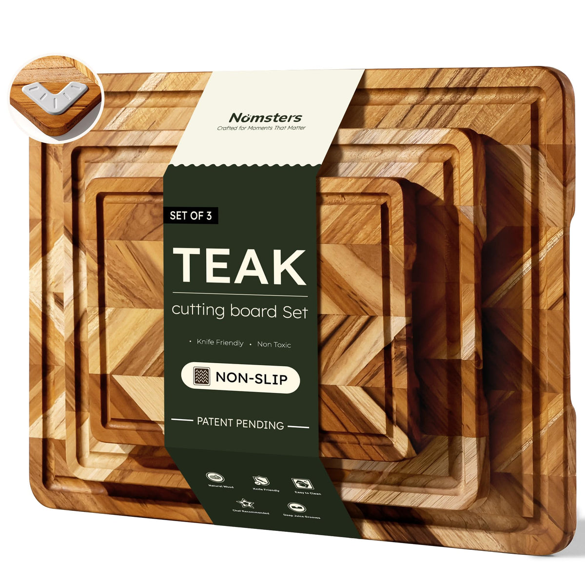Teak Cutting Boards for Kitchen 3 Pack Herringbone Wooden Wood Board Holder