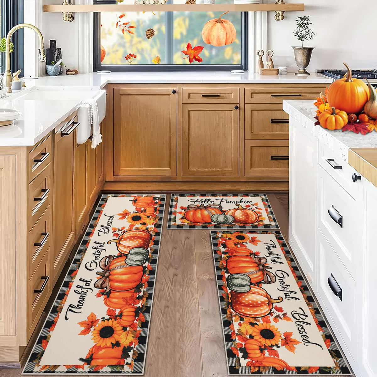 Homcomoda Floral Kitchen Rugs Mats for Floor 3PC, Farmhouse Non Slip Kitchen Rug Runner, Washable Non Skid Kitchen Rugs, Comfort Standing Mat for Laundry, Desk, Bar, Office