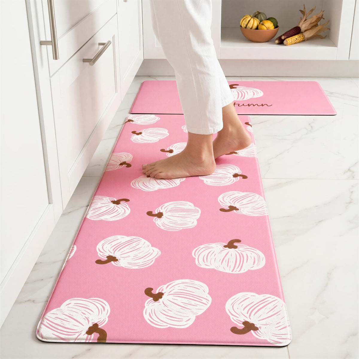 Fall Autumn Pumpkin Orange Kitchen Rug Sets 2 PCs, 17"x29"+17"x47"