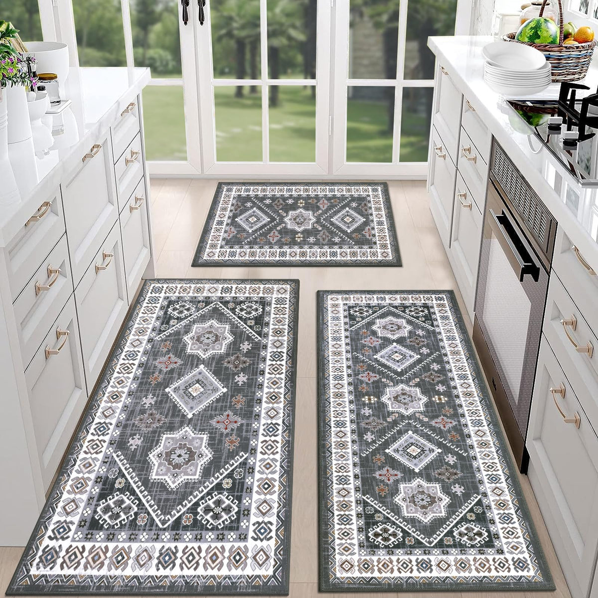 HEBE Boho Kitchen Rugs Set of 3, Non Slip Washable Kitchen Mats for Floor
