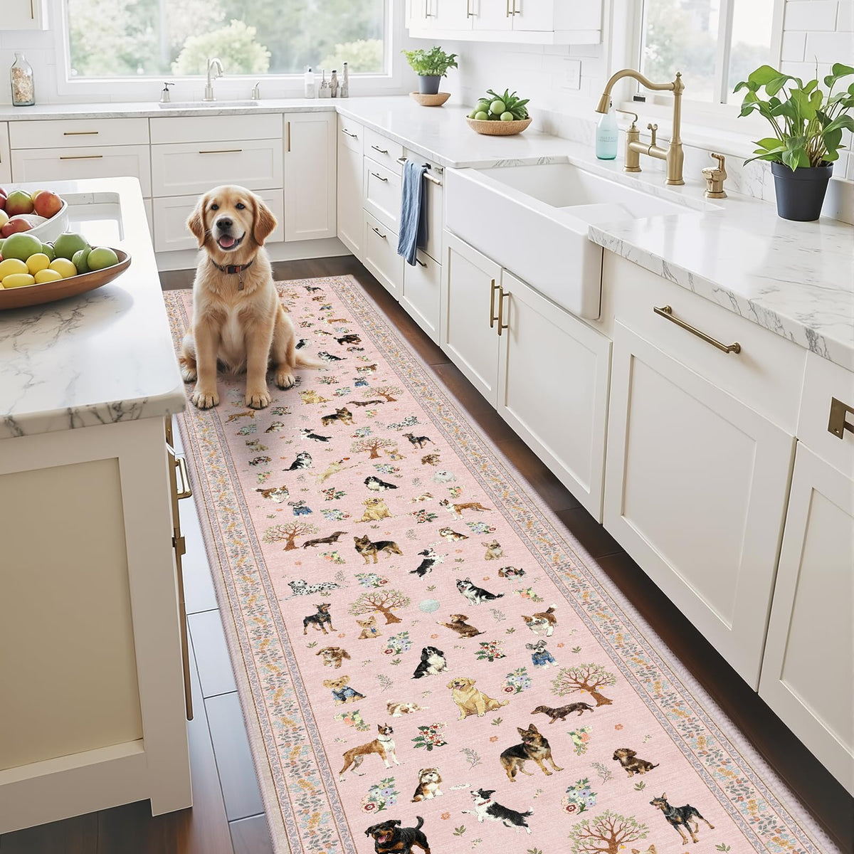 Washable Runner Rug 2x6 Beige Floral, Non Slip for Hallway, Kitchen