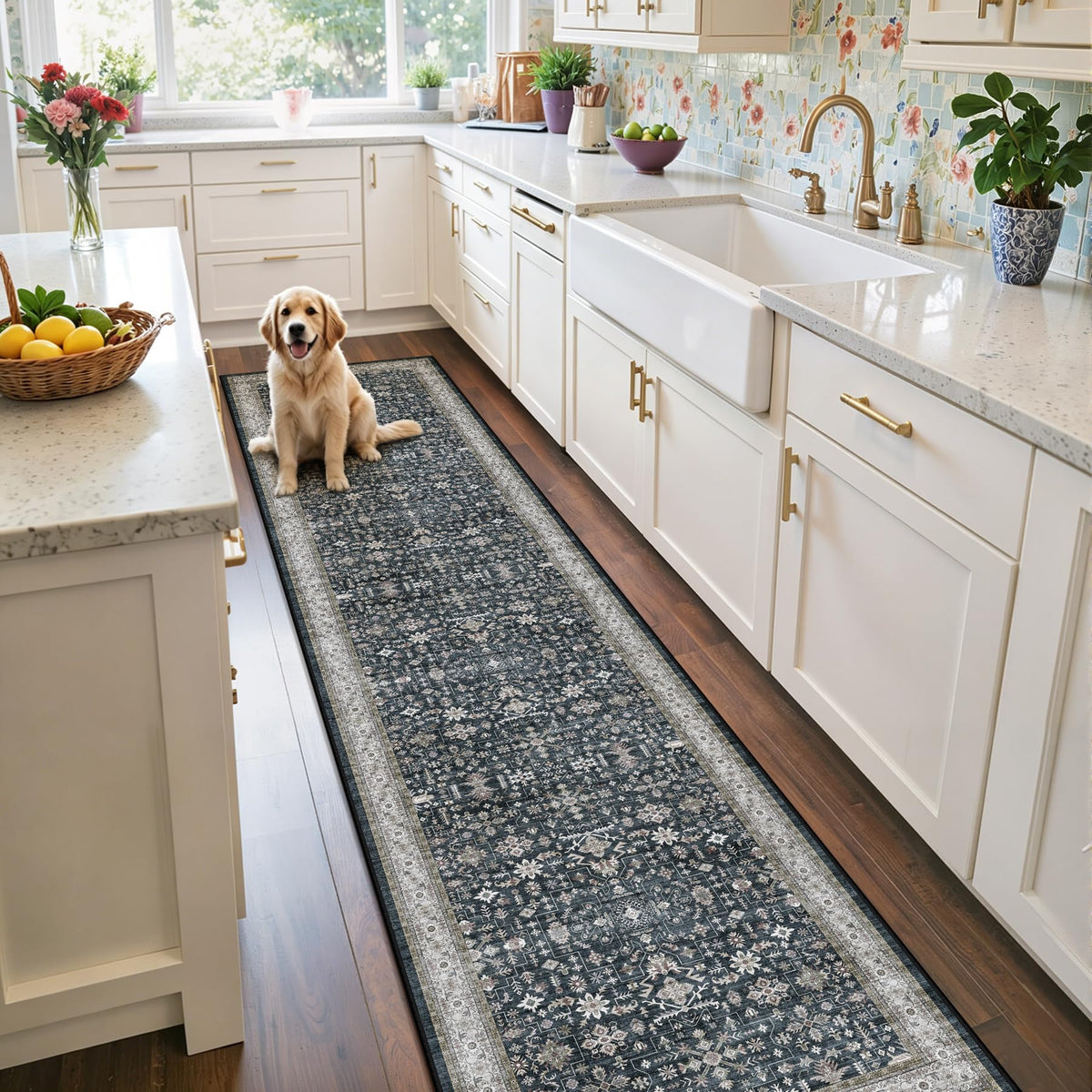 Washable Runner Rug 2x6 Beige Floral, Non Slip for Hallway, Kitchen
