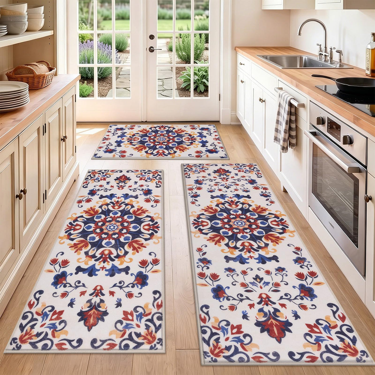 HEBE Boho Kitchen Rugs Set of 3, Non Slip Washable Kitchen Mats for Floor