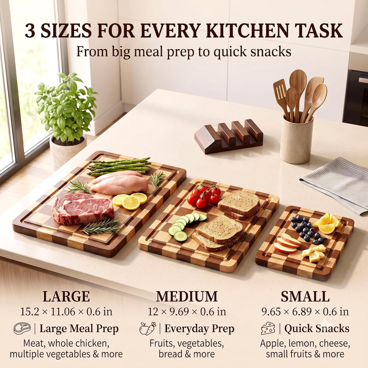 Checkered Oak Wood Cutting Board Set of 3, Cutting Boards for Kitchen