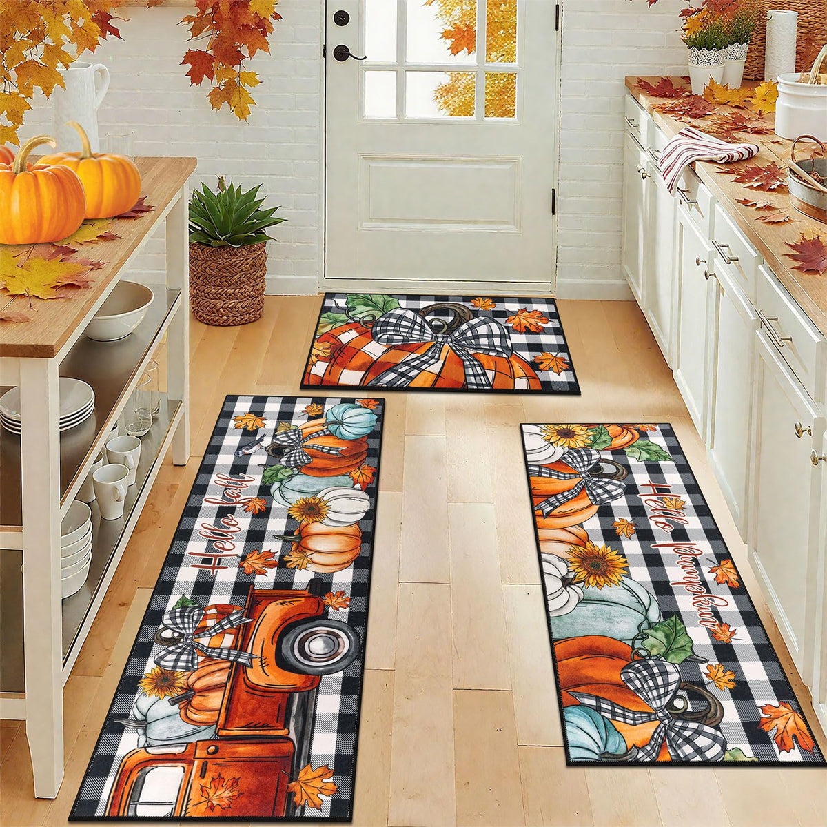 U'Artlines Fall Pumpkin Kitchen Rugs with Runner Sets 3 Piece,Washable