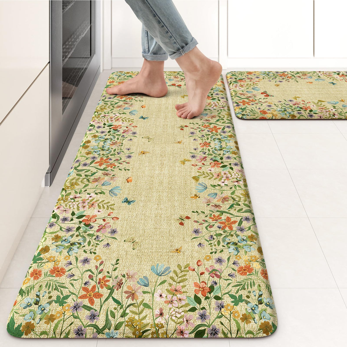 KIMODE Anti Fatigue Kitchen Mats for Floor, Boho Floral Kitchen Rugs Sets