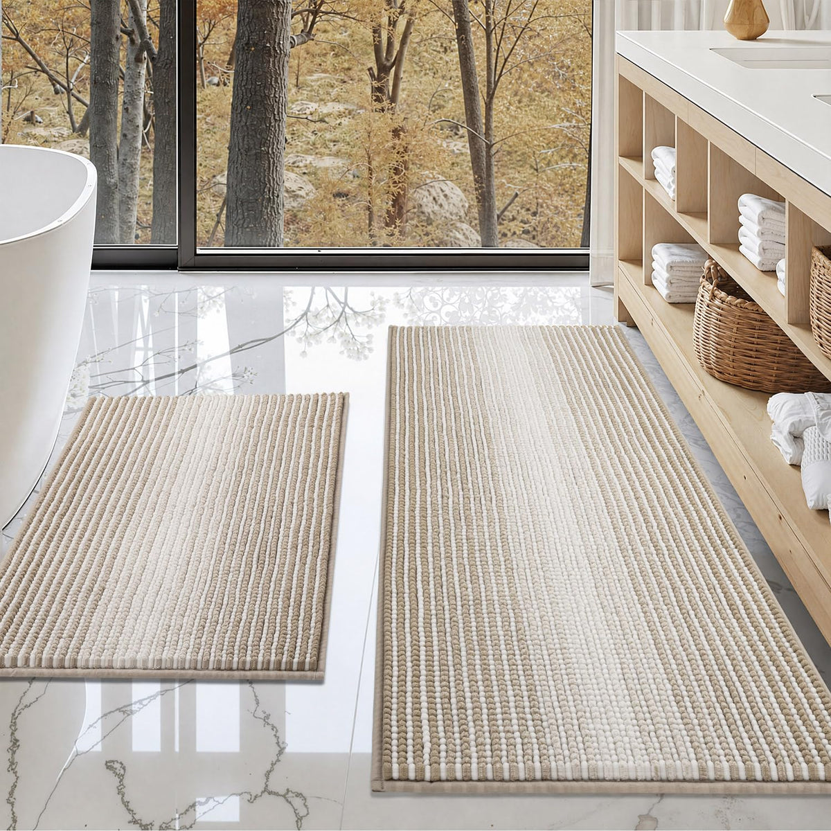 BSICPRO Bathroom Rugs Sets 2 Piece, Non Slip Boho Bath Mats, Beige