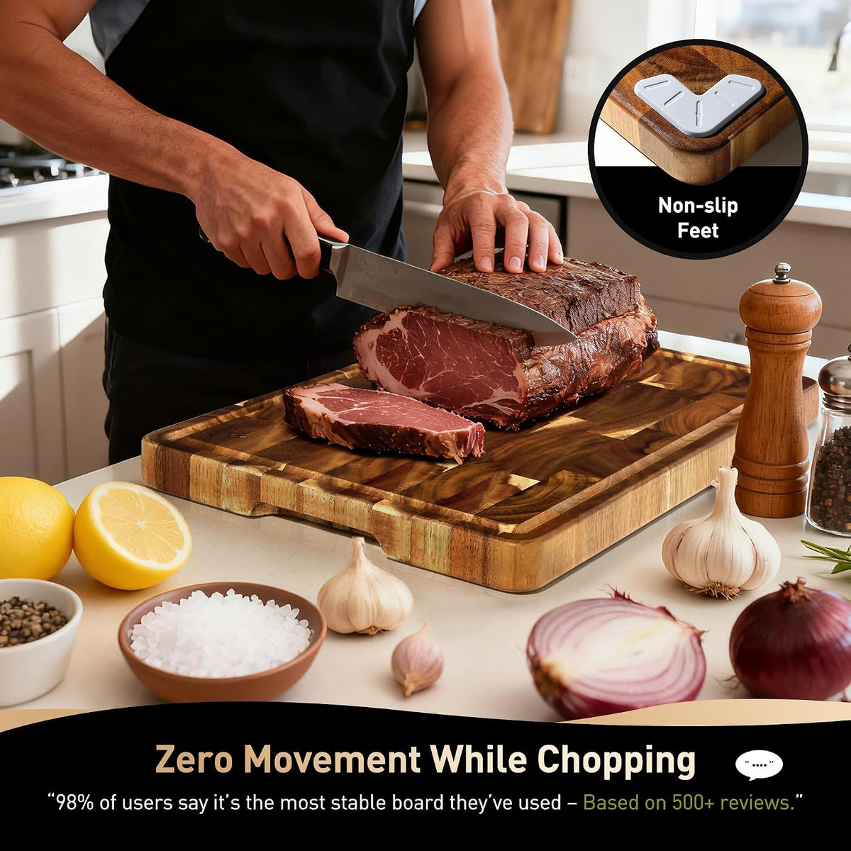 End Grain Cutting Board for Kitchen with Non-slip Feet, Acacia Wood