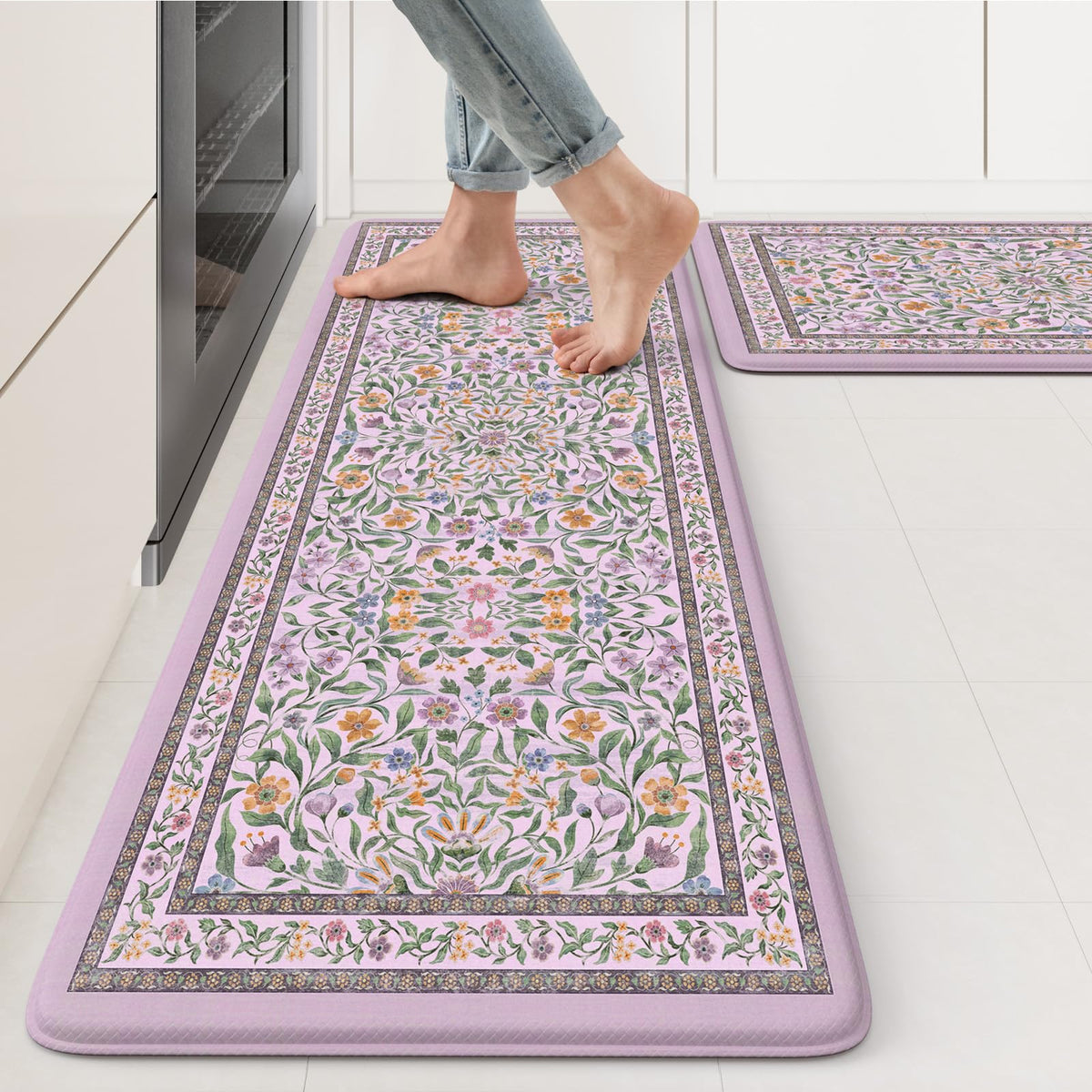 KIMODE Anti Fatigue Kitchen Mats for Floor, Boho Floral Kitchen Rugs Sets