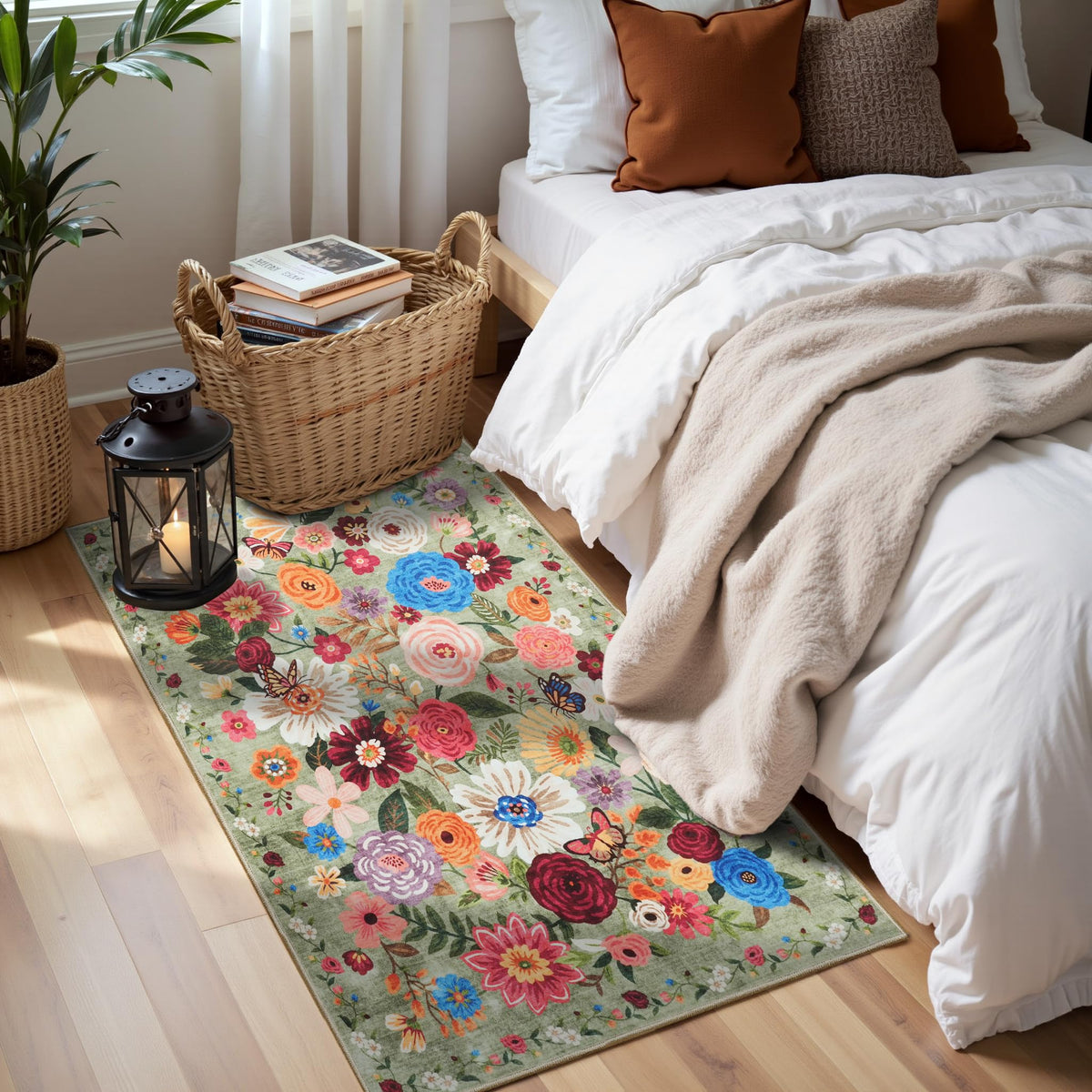 Washable Runner Rug 2x6 Beige Floral, Non Slip for Hallway, Kitchen