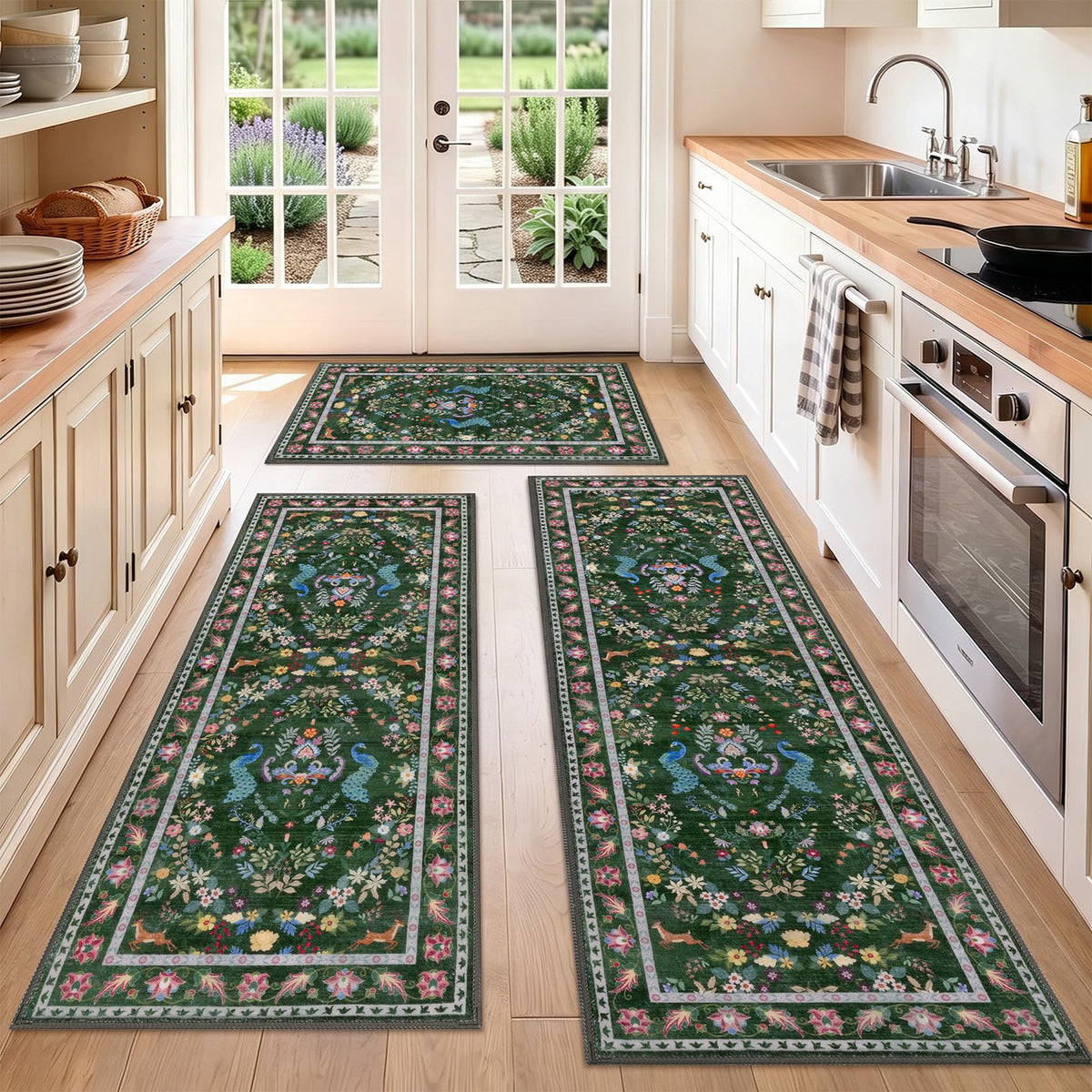 HEBE Boho Kitchen Rugs Set of 3, Non Slip Washable Kitchen Mats for Floor