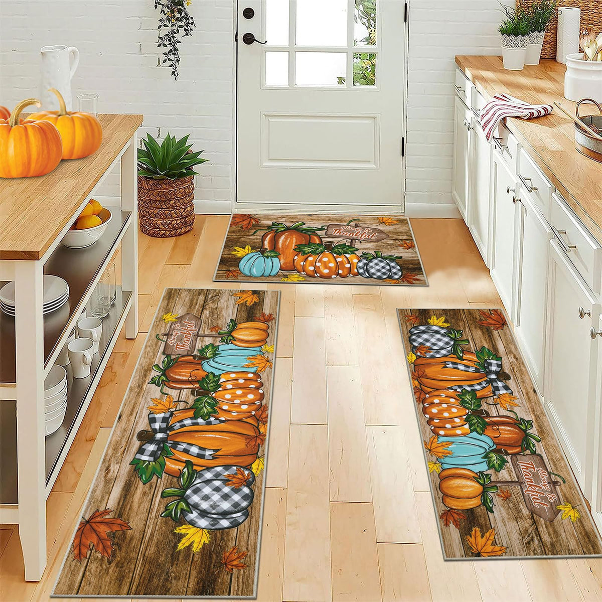 U'Artlines Fall Pumpkin Kitchen Rugs with Runner Sets 3 Piece,Washable