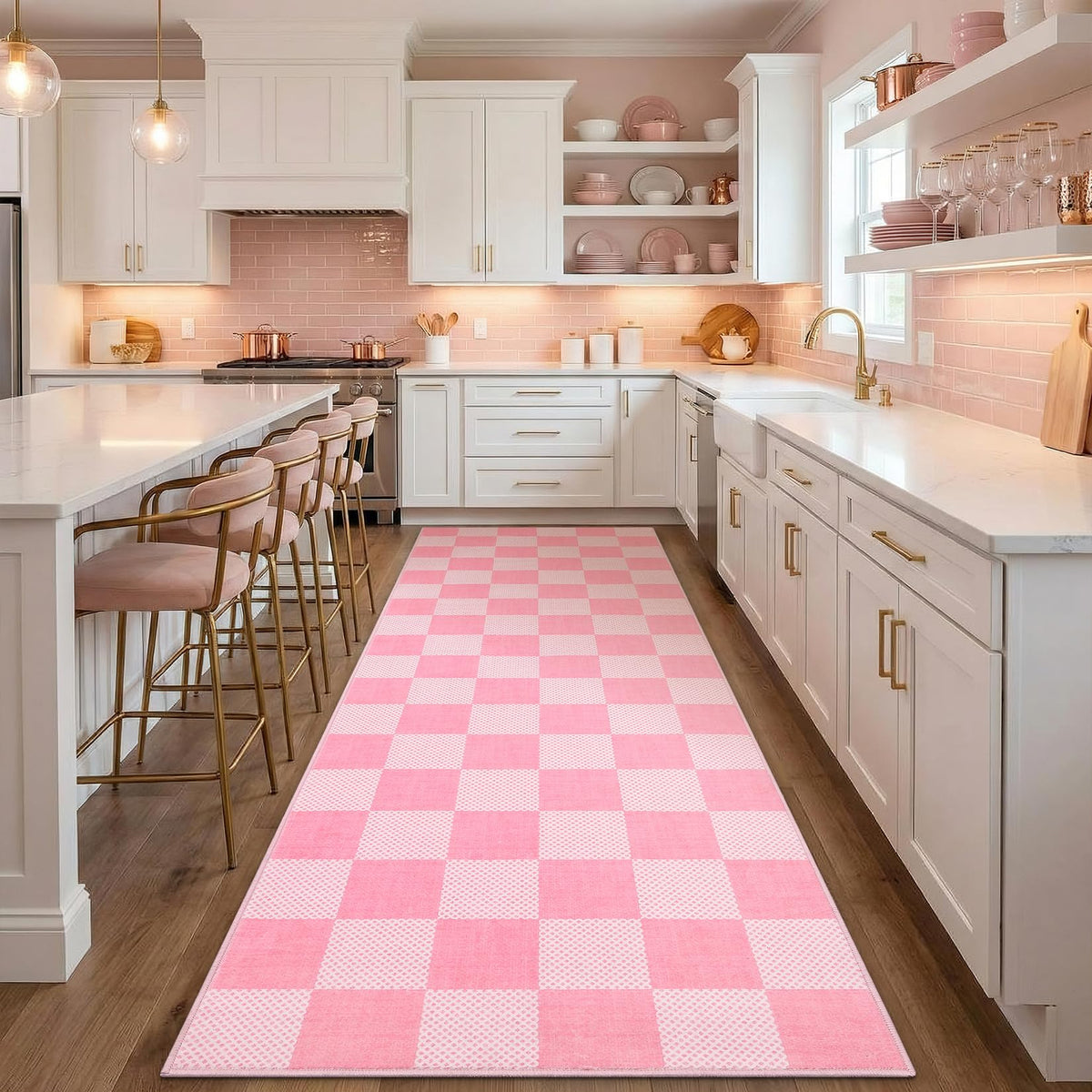 GarveeHome Checkered Pink 2x6 Washable Kitchen Runner Rug Low-Pile Entryway