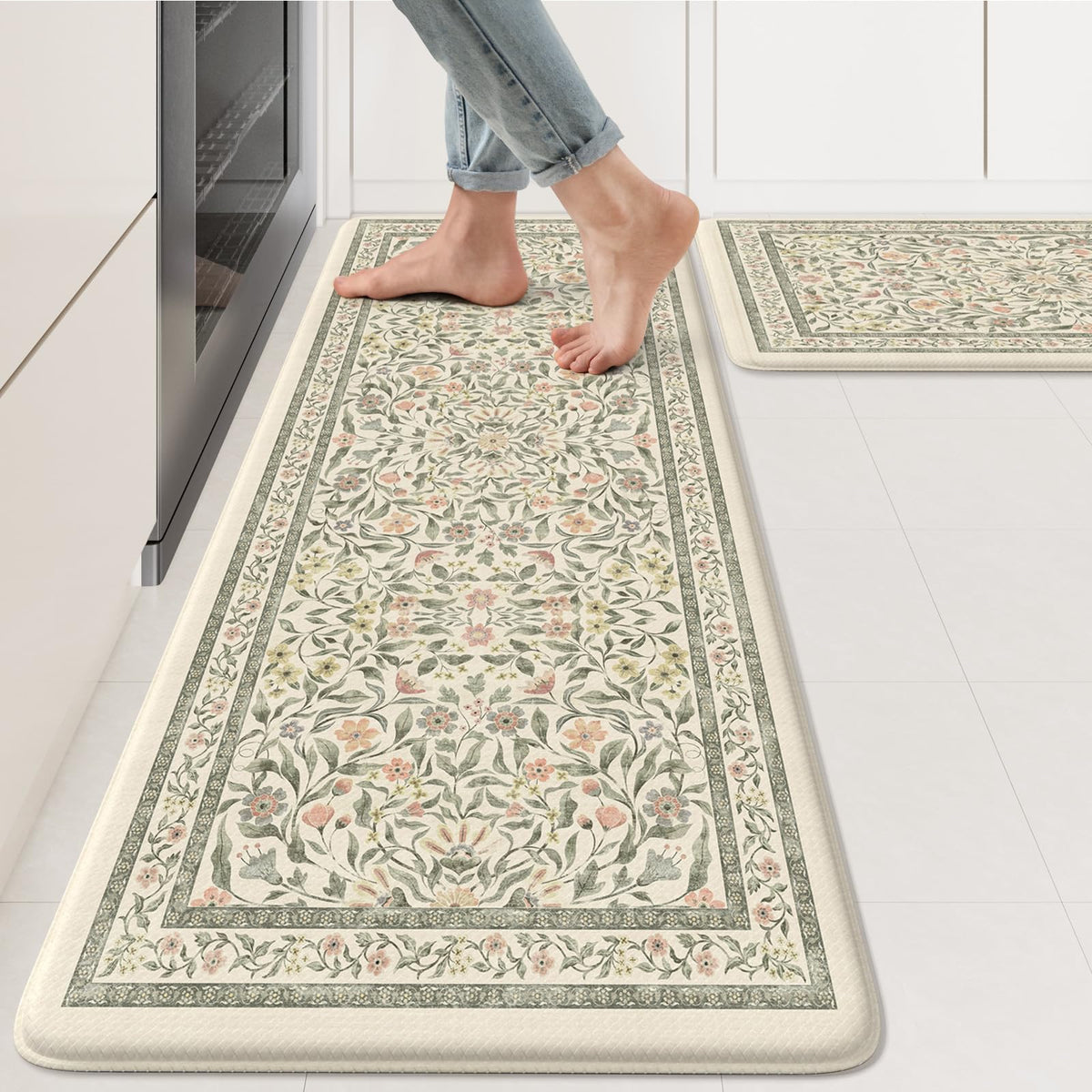 KIMODE Anti Fatigue Kitchen Mats for Floor, Boho Floral Kitchen Rugs Sets